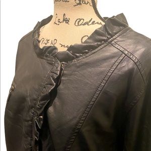 Black Jou Jou Faux Leather Jacket with Great Ruffle Detail
